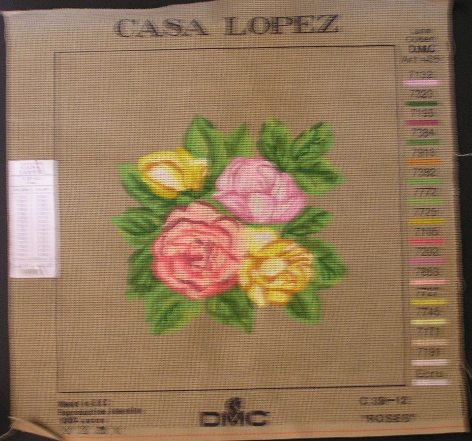 Casa Lopez DMC Roses C39 12   Printed Tapestry Canvas 13.5 x 13.5