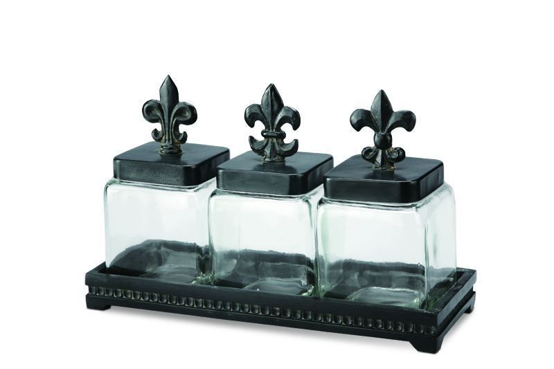 Set 3 Fleur de Lis Glass Lidded Kitchen Storage Canisters