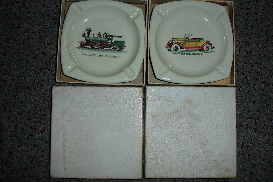 pair HYALYN Porcelain Ashtrays 1924 Chrysler & Double End Tank 