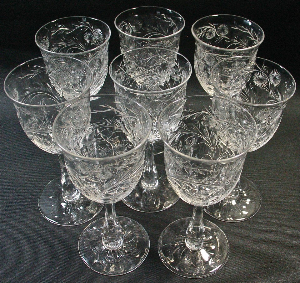   Corbett Antique Elegant Crystal Floral Engraved Cut Wine Goblet Stems