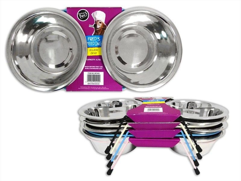   GET 4=STAINLESS STEEL RAISED DOG PET CAT TWIN FOOD WATER FEEDING BOWLS