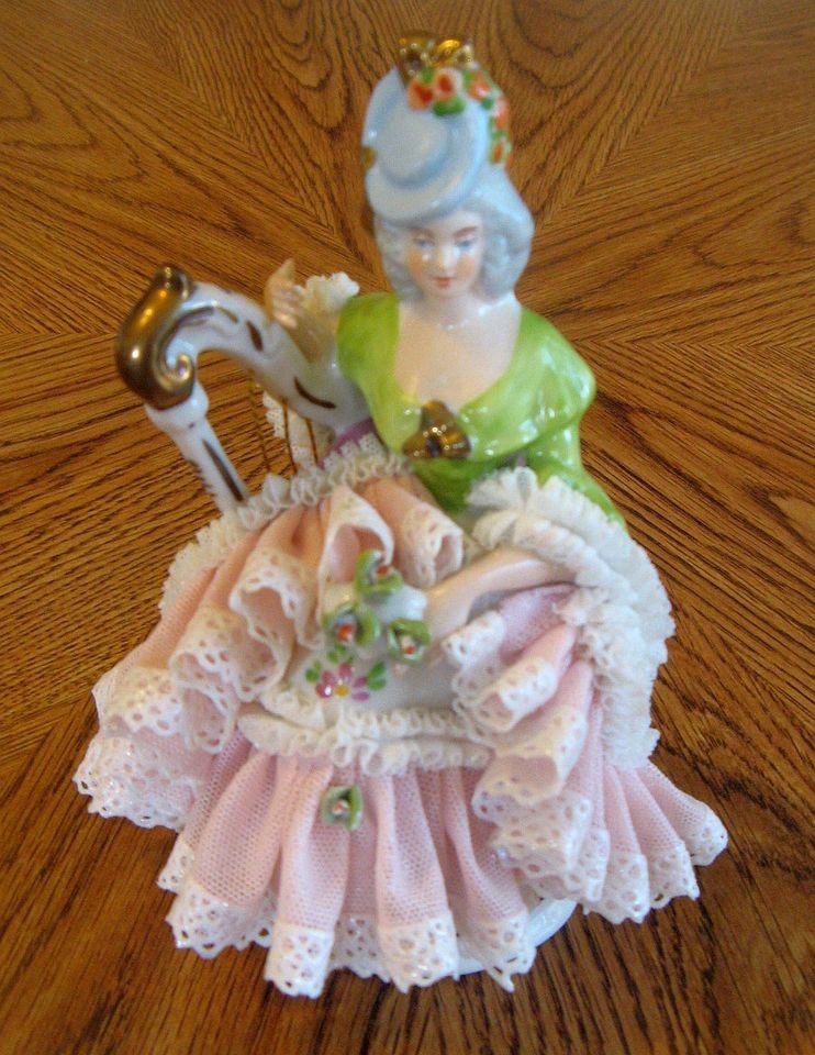 Vintage Dresden Porcelain Figurine Lady with Harp Wilhelm Rittirsch 5 