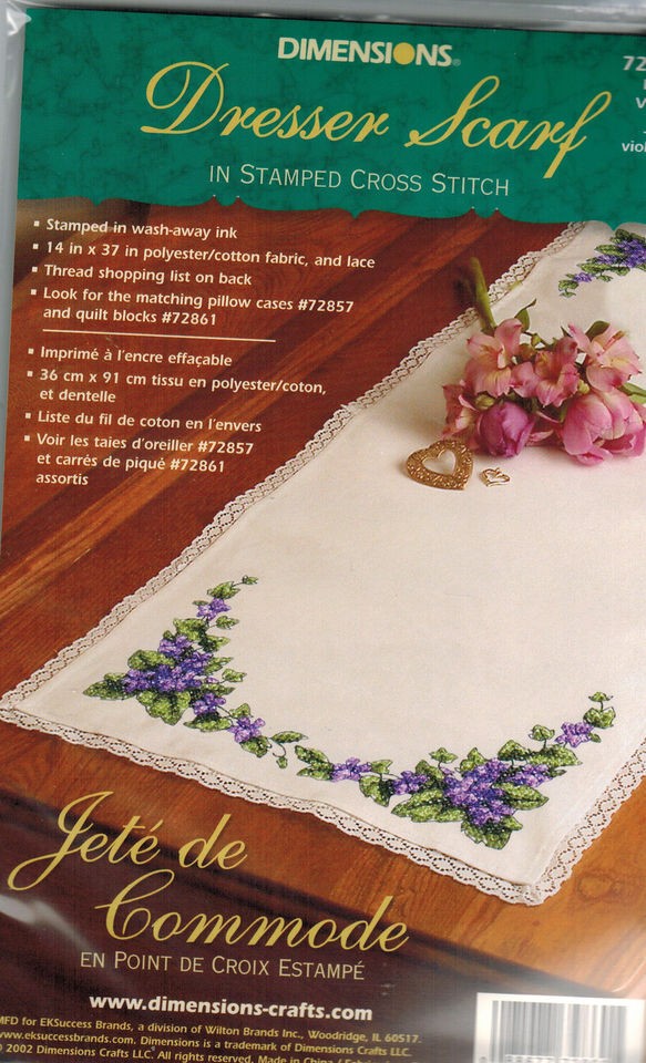 Stamped Cross Stitch Pretty Violets Dresser Scarf  Dimensions L