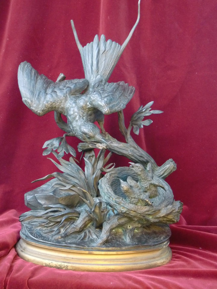 SUPERB 19C PATINATED. BRONZE STATUE BIRDS SIGNED J. MOIGNIEZ