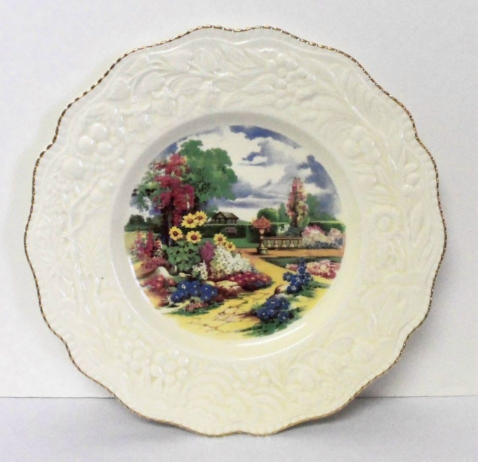 Crown Ducal Plate English Garden Scene, Orange Tree Edge, Gold Trim