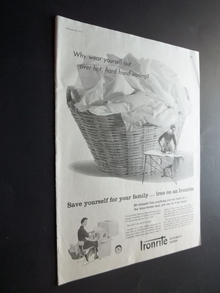 Iron on an Ironrite Automatic Ironer Original Vintage 1958 Print Ad