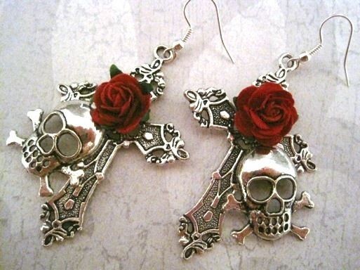 SKULL SILVER ORNATE CROSS RED ROSE* Large Gothic Earrings NEW 