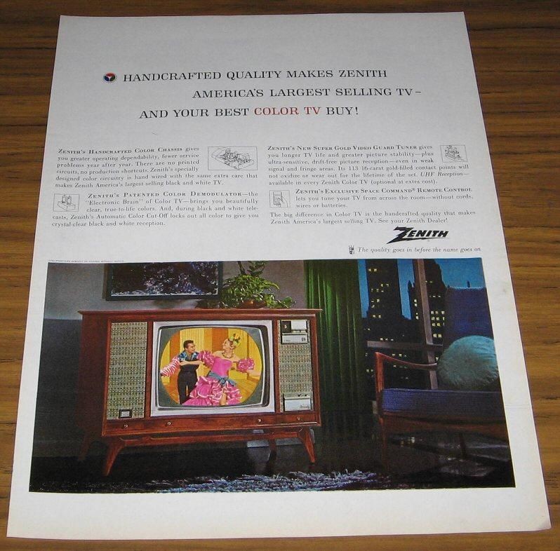 1963 VINTAGE AD~ZENITH COLOR CONSOLE TV~TELEVISION