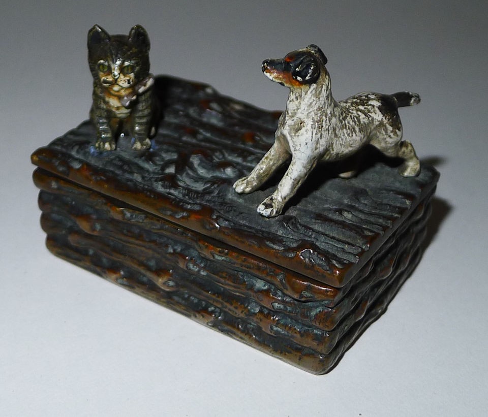   Cold Painted Bronze Figural Postage Stamp Box   Dog & Cat c1900