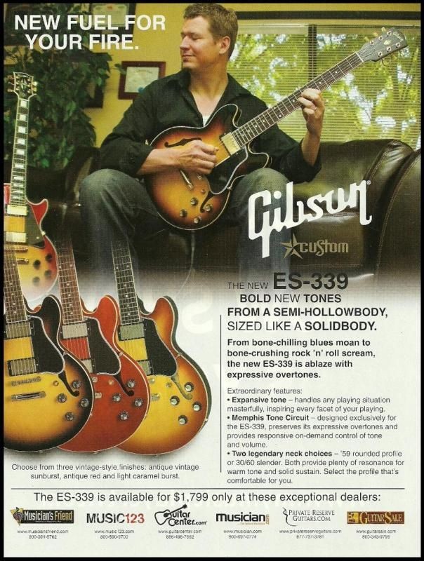 THE GIBSON ES 339 CUSTOM ELECTRIC GUITARS AD 8X11 FRAMEABLE 