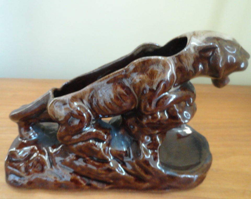 Vintage Brown Panther Cat Pottery Planter & Trinket Dish