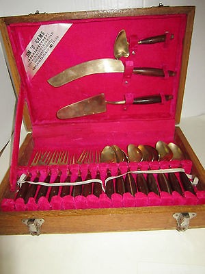 19 Pcs Vintage Flatware / Bronzeware, Rosewood Handle, Wood Case 