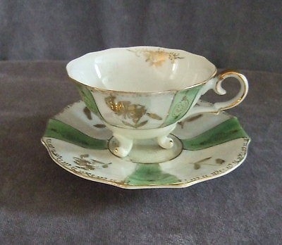 Ucagco green Tea Cup Saucer set Floral gold China flower Japan 