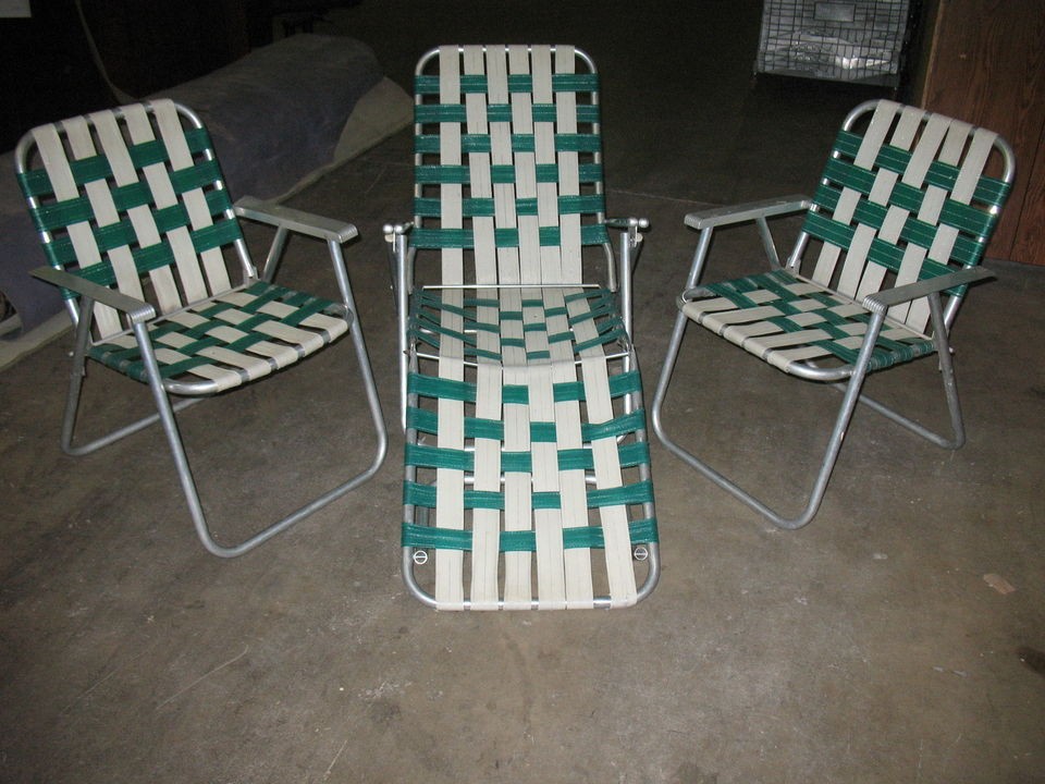 Set of 3 Chaise Lounge Chairs patio lawn yard beach deck strap green 