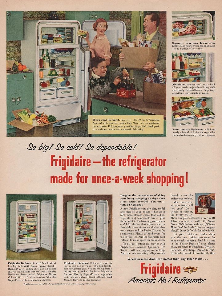 1951 VINTAGE FRIGIDAIRE REFRIGERATOR SO BIG SO COLD SO DEPENDABLE 