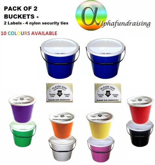 CHARITY COLLECTION DONATION BUCKETS/BOXES + LIDS + LABELS 