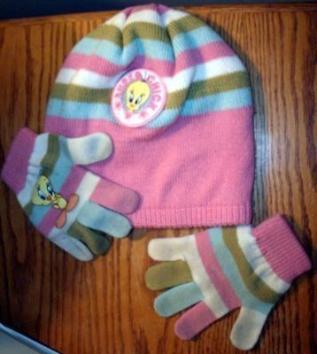 Little Girls Snow Ski Cap Hat & Gloves Set Pink Stripes Tweety Bird 