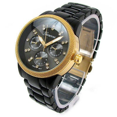 BLACK GOLD MESH BEZEL 3D GENEVA WOMENS BRACELET WATCH