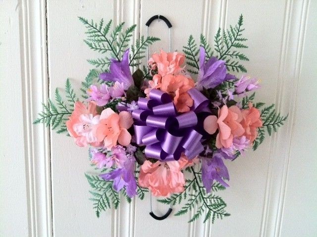 Peach & purple silk flower headstone saddle