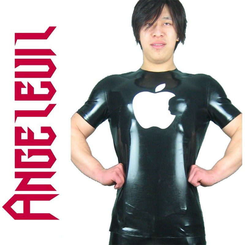 100% Handmade Rubber Clothing black Latex T Shirt APPLE LOGO short 