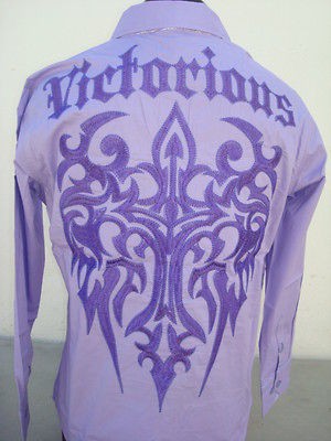   SHIRT POCKET MEN LIGHT PURPLE NU EMBROIDER TATTOO CLUB PARTY SLIM NWT