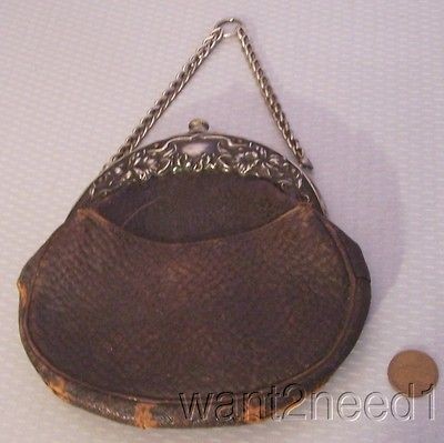 Antique 1900 Victorian Edwardian LEATHER PURSE Art Nouveau Silver 