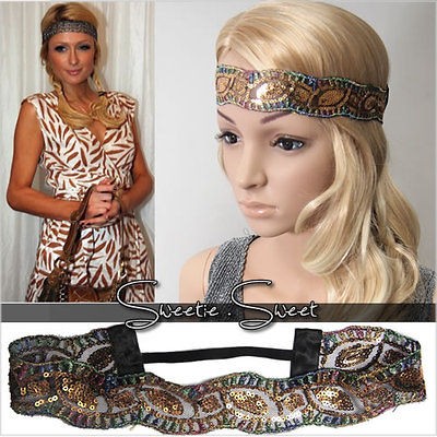   Gold Bling Lace Sequin Knit Hair Band Headband Fascinator Headpiece