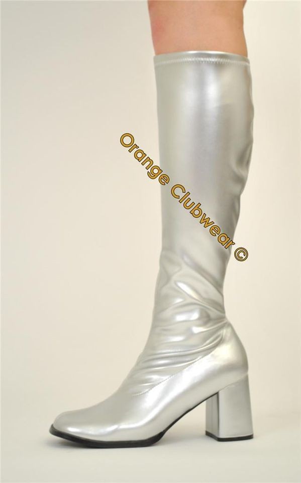 Sexy High Heel GOGO Dancer Retro 70`s 80`s Halloween Costume Silver 