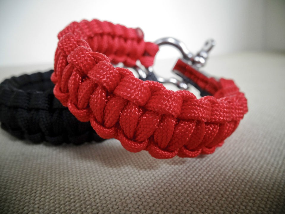 Paracord Survival Bracelet Made is USA with Adjustable Shackle Red