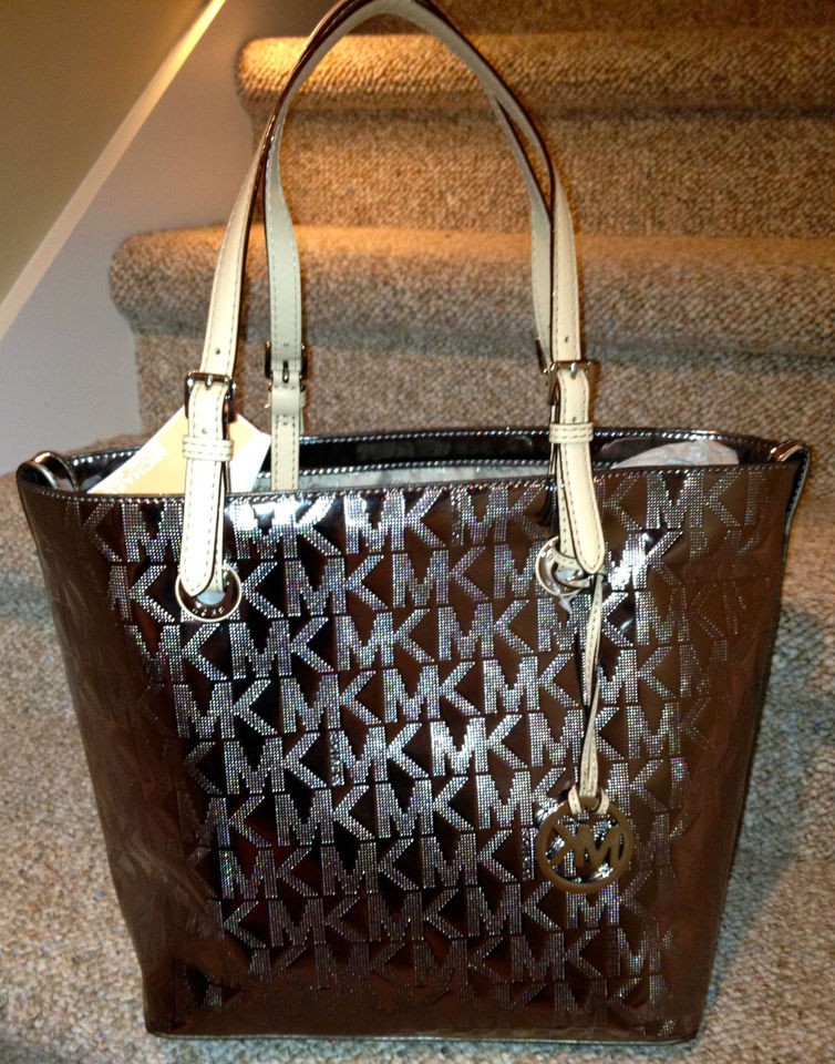 MICHAEL KORS SIGNATURE GRAB BAG TOTE MIRROR METALLIC NICKEL NEW SUPER 