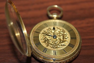 18K GOLD VINTAGE KEYWIND POCKET WATCH WITH LEATHER CASE