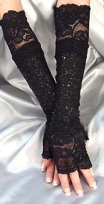 SEXY X LONG BLACK SEQUIN FINGERLESS GLOVES LACE CUFFS / ARM WARMERS 