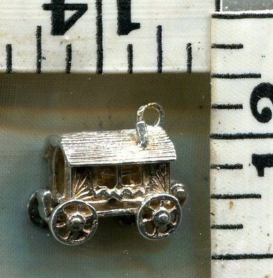 VINTAGE STERLING BRACELET CHARM~3D~ENGLI​SH~OPENING GYPSY WAGON~$16 