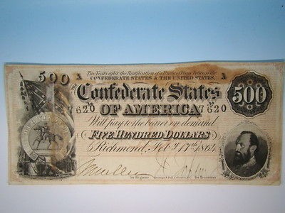 64 CONFEDERATE USA 1864 $500 BILL CR 489 PF 1