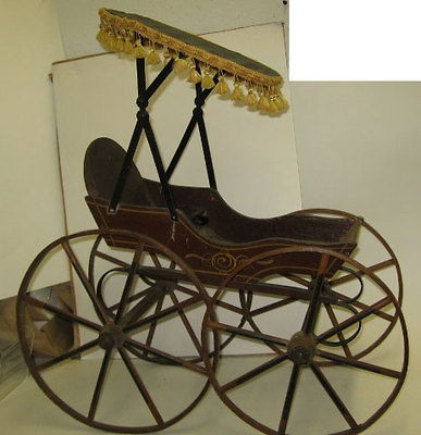 Antique Sroller Baby, Wooden Doll Buggy, Fringe Top,Wooden Wheels 