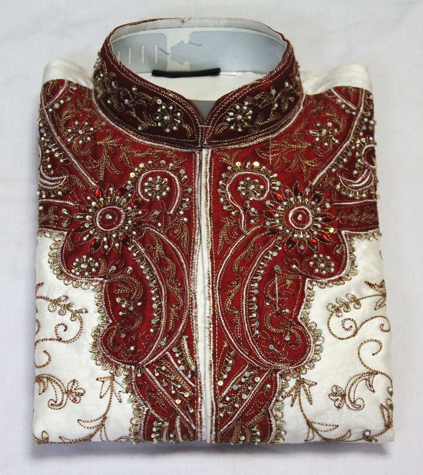 White Red Silk Sherwani Designer Mens Kurta Salwar Kameez Indian 