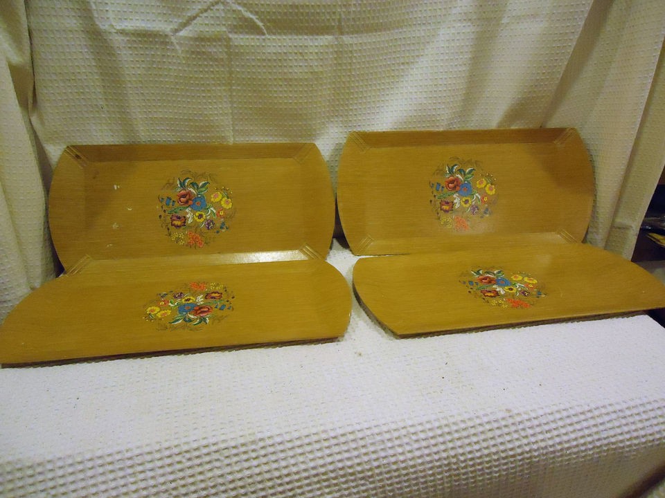 VINTAGE   4 WOOD RECTANGLE SERVING TRAYS FLORAL DESIGN   HASKELITE