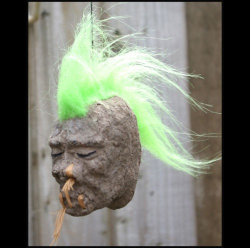 LIME GREEN MOHAWK SHRUNKEN HEAD CAR MIRROR DANGLE GOTH