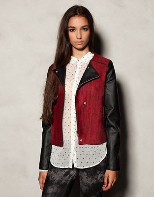   BEAR ( ZARA BRAND) TWEED JACKET WITH FAKE LEATHER SLEEVES BIKER ROCK