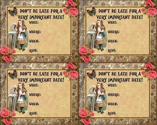 Vintage Alice in Wonderland party Invitation altered art set of 8