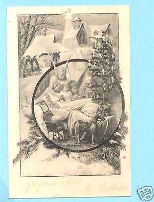   Postcard w/ GARDIAN ANGELS near Xmas Treee+TOYsHobby Horse+Pram Chair