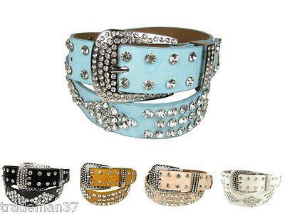 RB005 Womens Western Style Rhinestone Crystal Silver Buckle PU Faux 