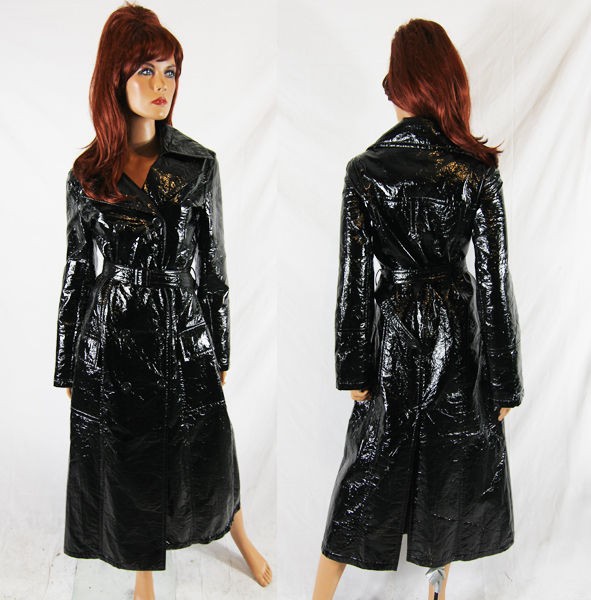 Vintage 80s Shiny Black Trench Coat Goth punk techno matrix halloween 