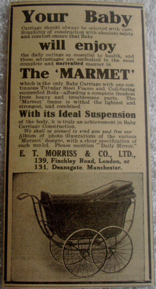1919 MARMET BABY CARRIAGE STROLLER PRAM BRITISH UK AD