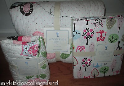 Pottery Barn Kids Woodlands owl Full quilt sheet set shams butterfly 