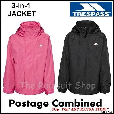 KIDS TRESPASS SKYDIVE 3 IN 1 WATERPROOF JACKET BOYS GIRLS RAIN COAT 2 