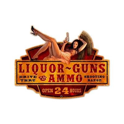 Liquor Gun Ammo Pinup Girl Vintage Metal Sign 20 X 16 Not Tin