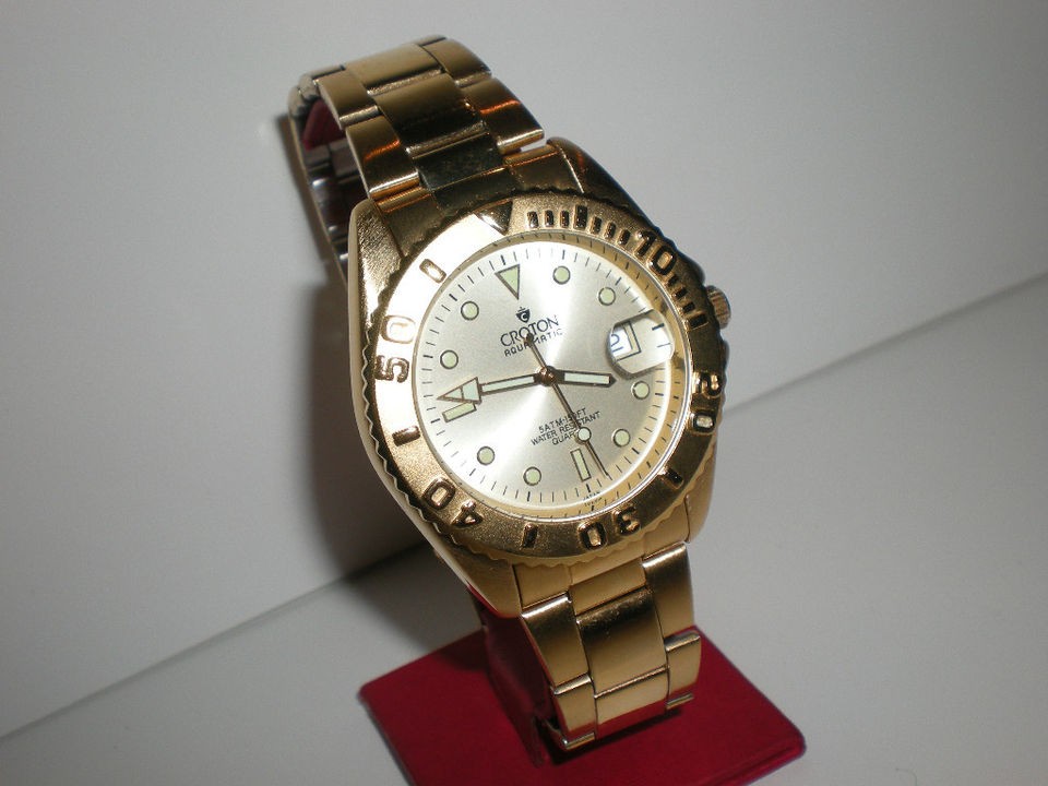   Aquamatic Gold Tone Mens Dress Watch Pearl Face Metal Band Lg Quartz