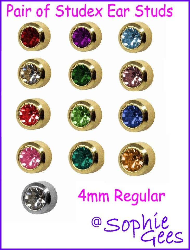 PAIR of STUDEX EAR STUDS Piercing Earings 1.2mm REGULAR 4mm BIRTHSTONE 