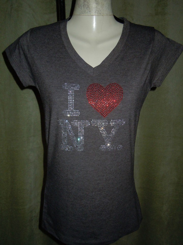 Rhinestone I Love NY Ladies Cap Sleeve V Neck Babydoll T shirt 